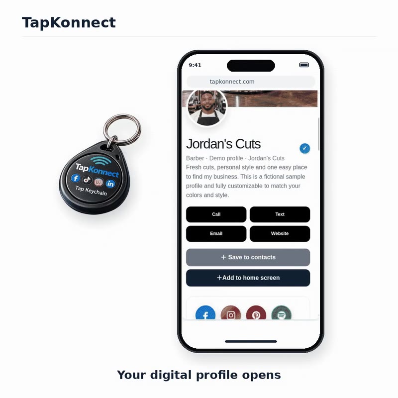 TapKonnect Tap Keychain beside an iPhone displaying the sample digital profile